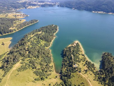 Aerial Summer view of Dospat Reservoir, Smolyan Region, Bulgaria