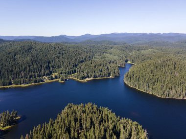 Aerial Summer view of Shiroka polyana (Wide meadow) Reservoir, Pazardzhik Region, Bulgaria