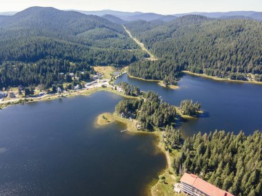 Aerial Summer view of Shiroka polyana (Wide meadow) Reservoir, Pazardzhik Region, Bulgaria