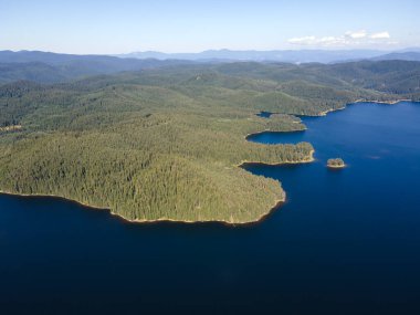 Aerial Summer view of Shiroka polyana (Wide meadow) Reservoir, Pazardzhik Region, Bulgaria