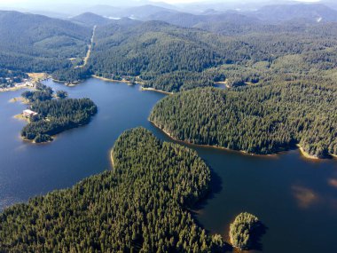 Aerial Summer view of Shiroka polyana (Wide meadow) Reservoir, Pazardzhik Region, Bulgaria