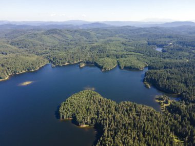 Aerial Summer view of Shiroka polyana (Wide meadow) Reservoir, Pazardzhik Region, Bulgaria