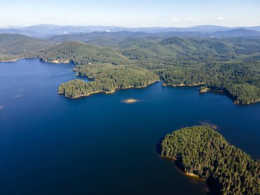 Aerial Summer view of Shiroka polyana (Wide meadow) Reservoir, Pazardzhik Region, Bulgaria