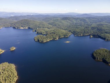 Aerial Summer view of Shiroka polyana (Wide meadow) Reservoir, Pazardzhik Region, Bulgaria