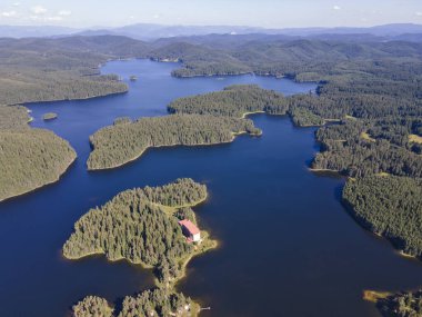 Aerial Summer view of Shiroka polyana (Wide meadow) Reservoir, Pazardzhik Region, Bulgaria