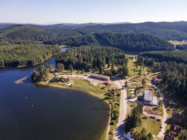 Aerial Summer view of Shiroka polyana (Wide meadow) Reservoir, Pazardzhik Region, Bulgaria