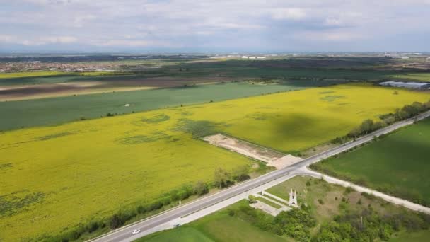 Aerial View Blooming Rapeseed Field Village Kostievo Plovdiv Region Bulgaria — Stock Video