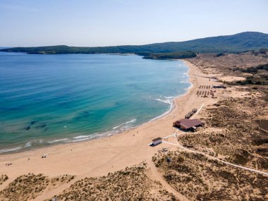 Bulgaristan 'ın Burgaz Bölgesi, Arkutino plajının şaşırtıcı hava manzarası