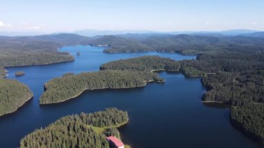 Aerial Summer view of Shiroka polyana (Wide meadow) Reservoir, Pazardzhik Region, Bulgaria
