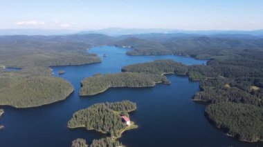 Aerial Summer view of Shiroka polyana (Wide meadow) Reservoir, Pazardzhik Region, Bulgaria