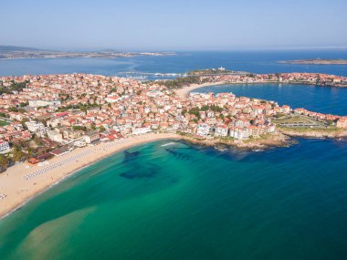 Bulgaristan 'ın Burgaz Bölgesi Sozopol ve Harmanite Plajı' nın hava manzarası
