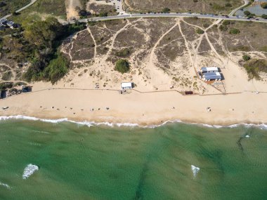 Bulgaristan 'ın Burgaz Bölgesi Sozopol yakınlarındaki Smokinya Plajı' nın hava manzarası
