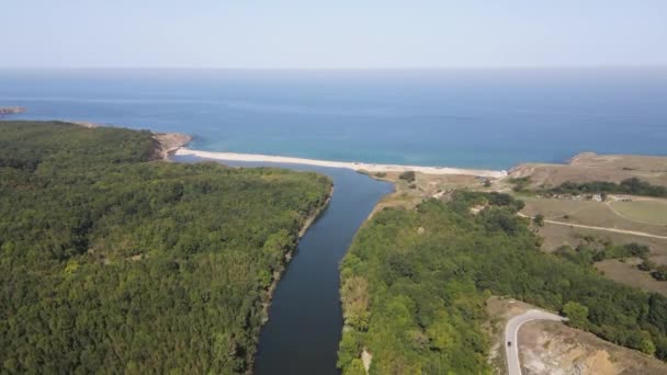 Aerial View Beach Mouth Veleka River Sinemorets Village Burgas Region — Stock Video