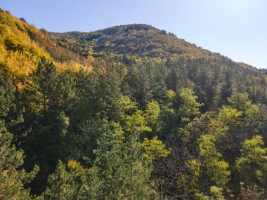 Bulgaristan 'ın Saint George, Lovech bölgesindeki Glozhene Manastırı yakınlarındaki Balkan Dağları' nın hava manzarası