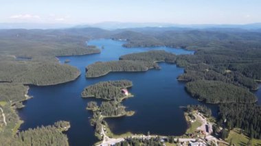 Aerial Summer view of Shiroka polyana (Wide meadow) Reservoir, Pazardzhik Region, Bulgaria