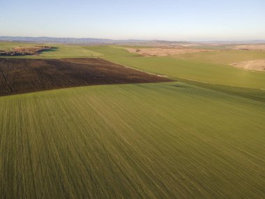 Bulgaristan 'ın Burgaz Bölgesi, Trakya (A1) otoyolu yakınlarındaki kırsal arazinin hava günbatımı manzarası