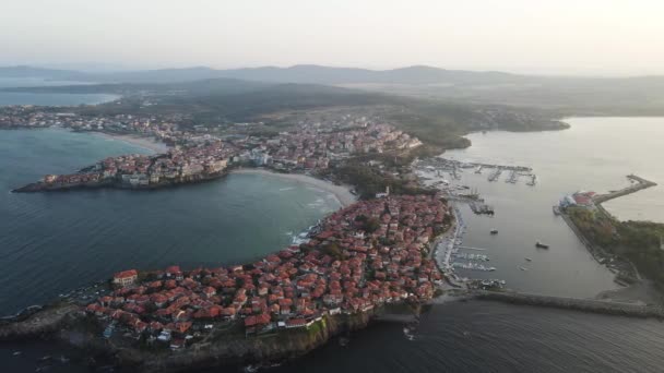 Luftaufnahme Des Sonnenuntergangs Der Altstadt Von Sozopol Region Burgas Bulgarien — Stockvideo