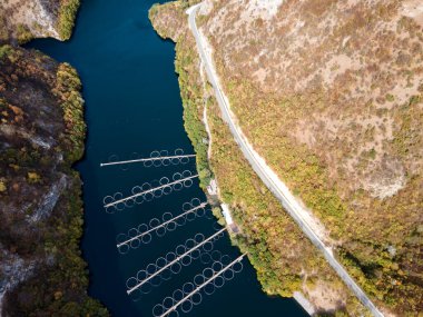 Krichim Reservoir, Rhodopes Dağı, Filibe Bölgesi, Bulgaristan 'ın Havadan Sonbahar manzarası