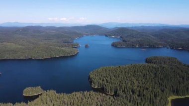 Aerial Summer view of Shiroka polyana (Wide meadow) Reservoir, Pazardzhik Region, Bulgaria