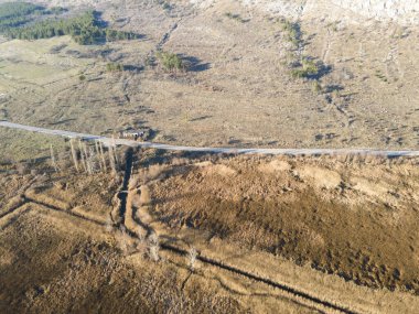 Bulgaristan 'ın Sofya bölgesindeki Dragoman bataklığının havadan sonbahar manzarası