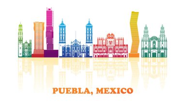 Puebla, Meksika 'nın renkli Skyline panoraması - vektör illüstrasyonu