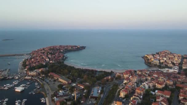 Vista Aérea Pôr Sol Cidade Velha Sozopol Região Burgas Bulgária — Vídeo de Stock