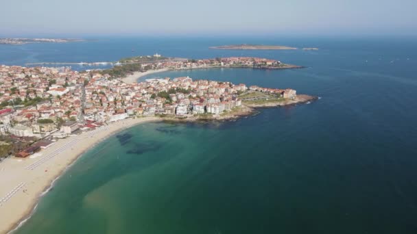 Luchtfoto Van Stad Sozopol Harmanite Beach Burgas Regio Bulgarije — Stockvideo