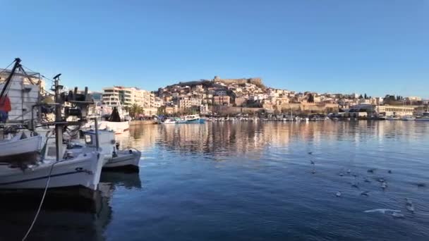 Kavala Grécia Dezembro 2023 Pôr Sol Panorama Rua Costal Cidade — Vídeo de Stock