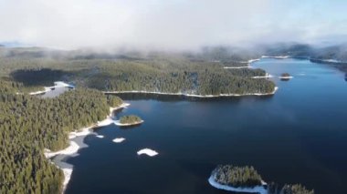 Aerial winter view of Shiroka polyana (Wide meadow) Reservoir, Pazardzhik Region, Bulgaria