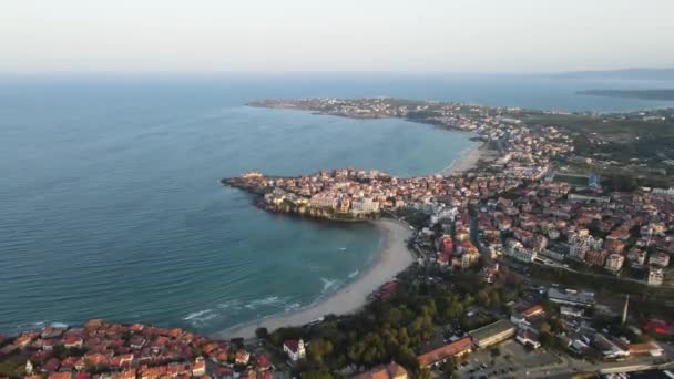 Flygfoto Solnedgång Över Gamla Stan Sozopol Burgas Region Bulgarien — Stockvideo