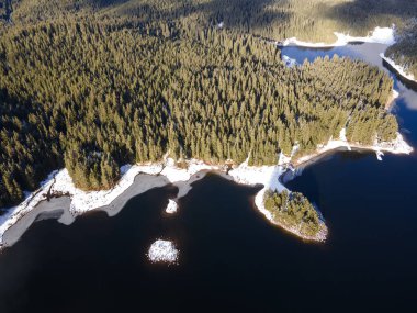 Aerial winter view of Shiroka polyana (Wide meadow) Reservoir, Pazardzhik Region, Bulgaria