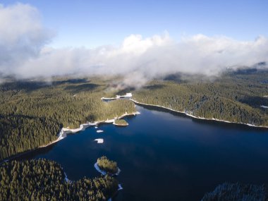 Aerial winter view of Shiroka polyana (Wide meadow) Reservoir, Pazardzhik Region, Bulgaria