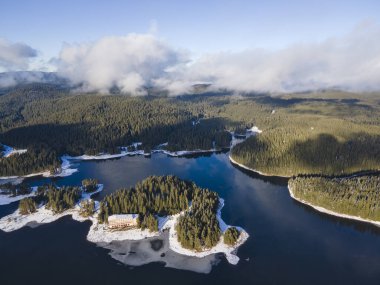 Aerial winter view of Shiroka polyana (Wide meadow) Reservoir, Pazardzhik Region, Bulgaria