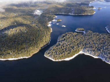 Aerial winter view of Shiroka polyana (Wide meadow) Reservoir, Pazardzhik Region, Bulgaria