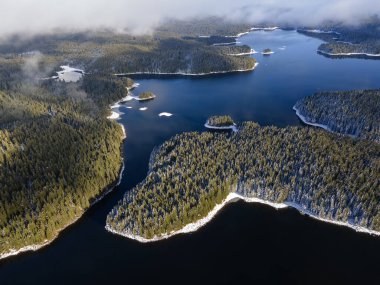 Aerial winter view of Shiroka polyana (Wide meadow) Reservoir, Pazardzhik Region, Bulgaria