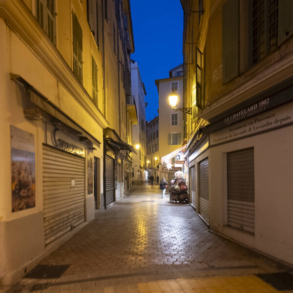 NICE, FRANCE - JANUARY 25, 2024: Sunset view of Old town of city of Nice, Provence Alpes-Cote d'Azur, France