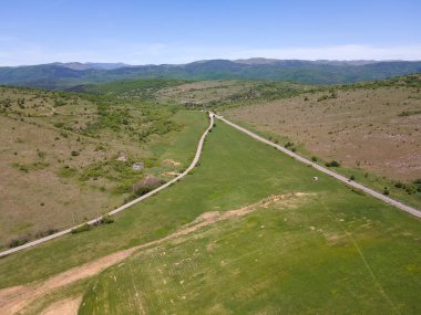 Bulgaristan 'ın Sofya bölgesindeki Godech kasabası yakınlarındaki kırsal arazinin bahar havası manzarası