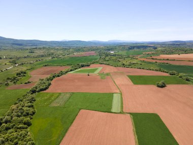Bulgaristan 'ın Sofya bölgesindeki Godech kasabası yakınlarındaki kırsal arazinin bahar havası manzarası