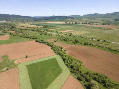 Bulgaristan 'ın Sofya bölgesindeki Godech kasabası yakınlarındaki kırsal arazinin bahar havası manzarası