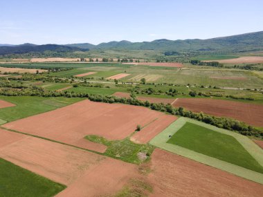 Bulgaristan 'ın Sofya bölgesindeki Godech kasabası yakınlarındaki kırsal arazinin bahar havası manzarası