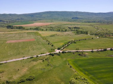 Bulgaristan 'ın Sofya bölgesindeki Godech kasabası yakınlarındaki kırsal arazinin bahar havası manzarası