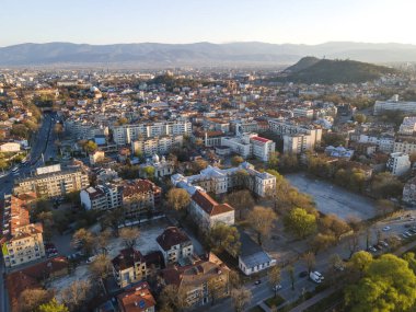 Bulgaristan 'ın Filibe kentinin şaşırtıcı hava gün batımı manzarası