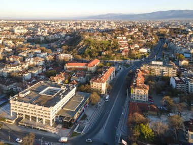 Bulgaristan 'ın Filibe kentinin şaşırtıcı hava gün batımı manzarası