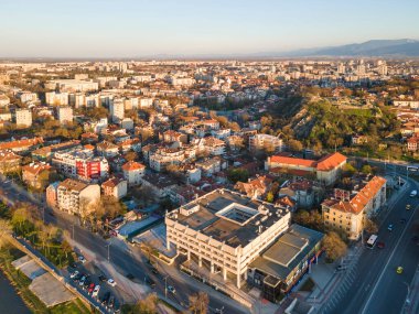 Bulgaristan 'ın Filibe kentinin şaşırtıcı hava gün batımı manzarası