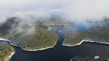 Aerial winter view of Shiroka polyana (Wide meadow) Reservoir, Pazardzhik Region, Bulgaria
