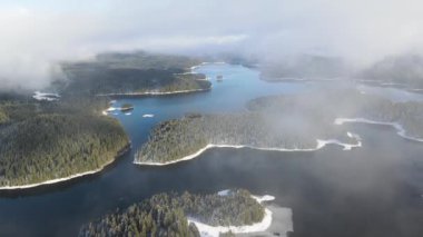 Aerial winter view of Shiroka polyana (Wide meadow) Reservoir, Pazardzhik Region, Bulgaria