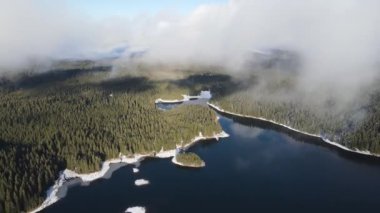 Aerial winter view of Shiroka polyana (Wide meadow) Reservoir, Pazardzhik Region, Bulgaria