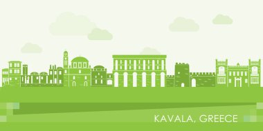 Yunanistan 'ın Kavala kentinin Yeşil Skyline manzarası - vektör illüstrasyonu