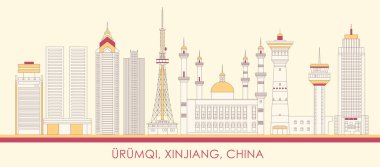 Urumqi, Xinjiang, Çin 'in Skyline çizgi filmi - vektör illüstrasyonu