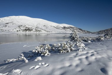 Bulgaristan 'ın Rila dağındaki Belmeken Barajı' nın muhteşem kış manzarası